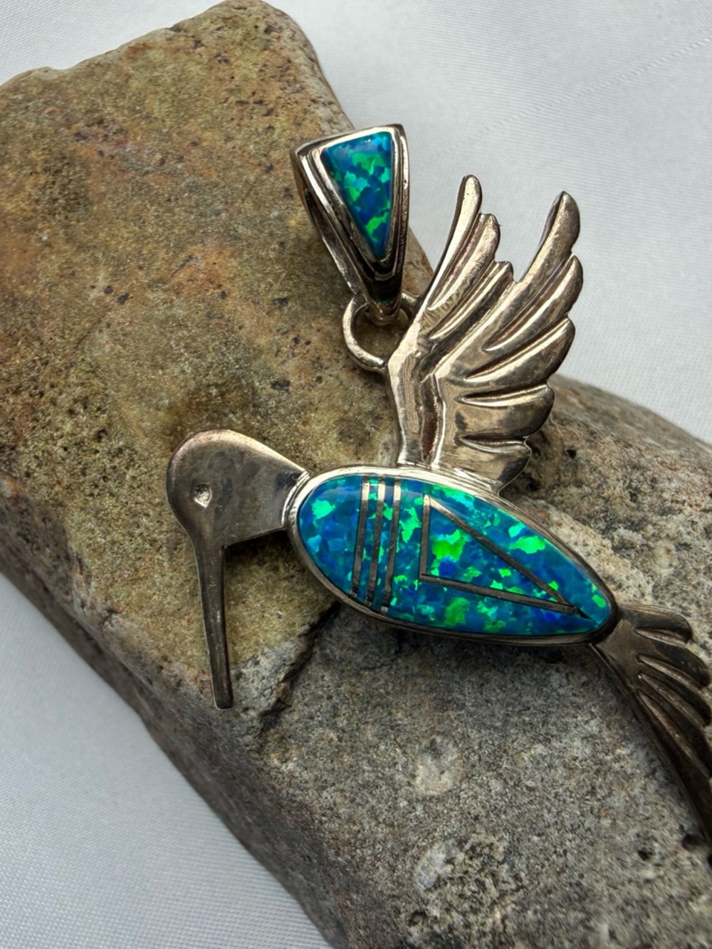 Sterling Silver Hummingbird Pendant with Blue-Green Opal Inlay